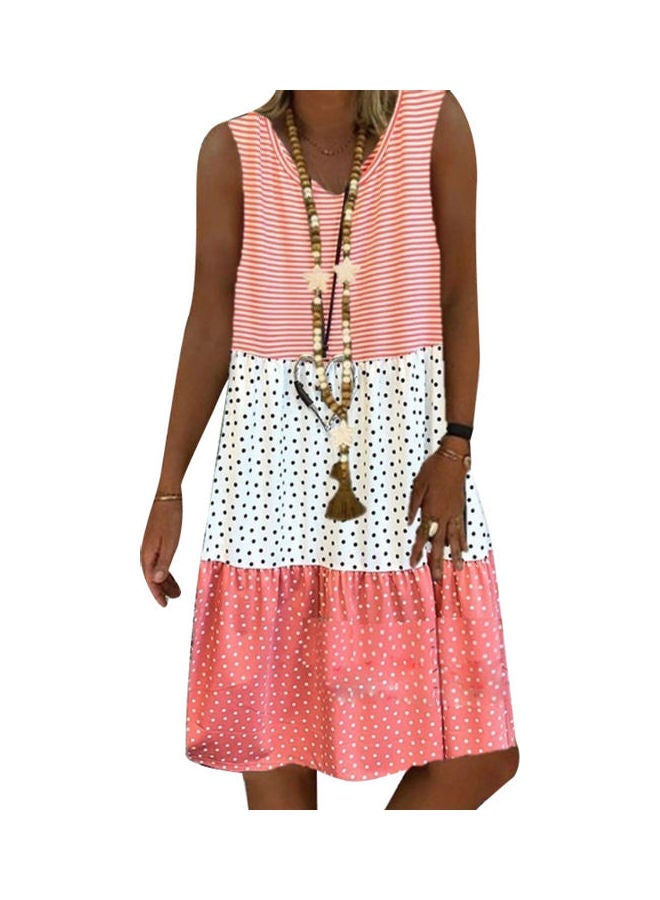 Casual Dot Stripe Patchwork Designed Dress Pink/White  - Image 1