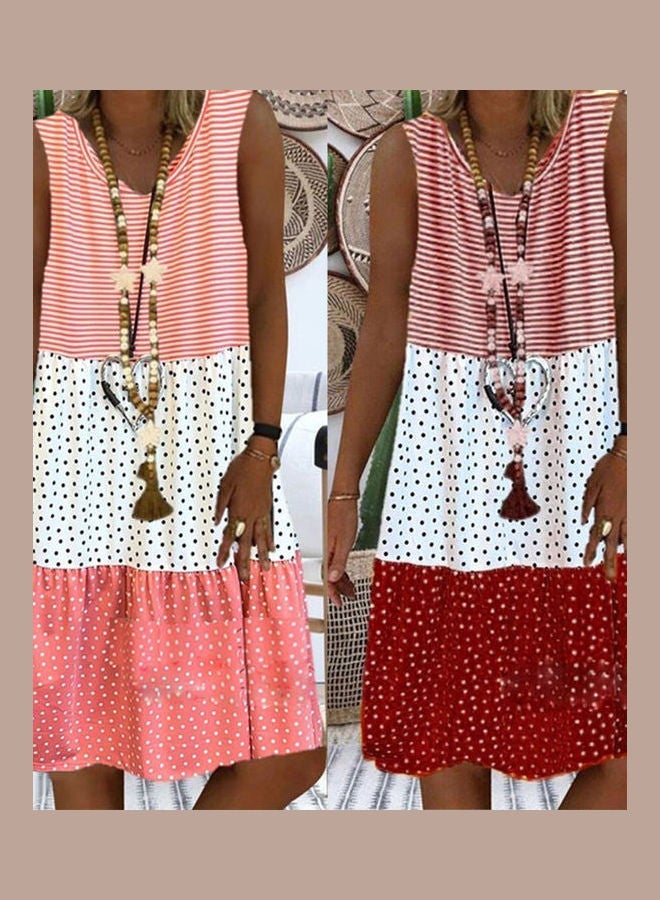 Casual Dot Stripe Patchwork Designed Dress Pink/White  - Image 5
