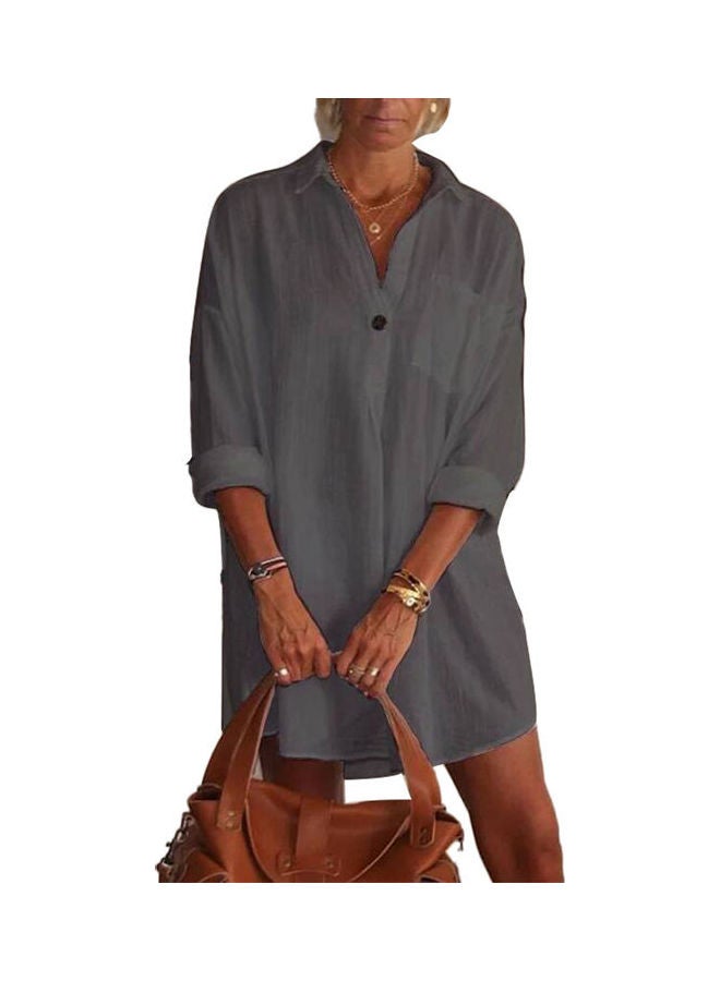 V-Neck Pocket Button Loose Long Shirt Grey - Image 1