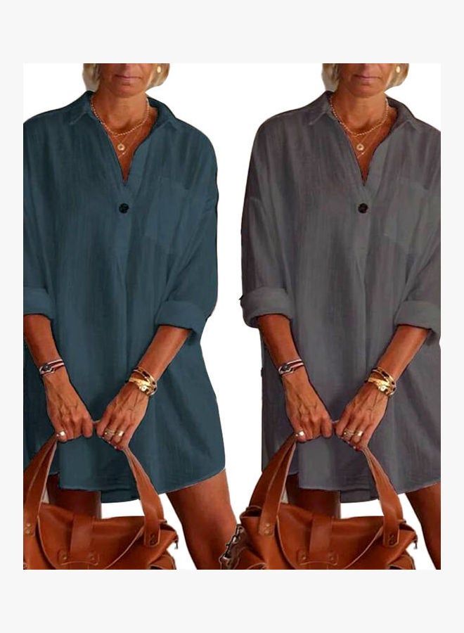 V-Neck Pocket Button Loose Long Shirt Grey - Image 3