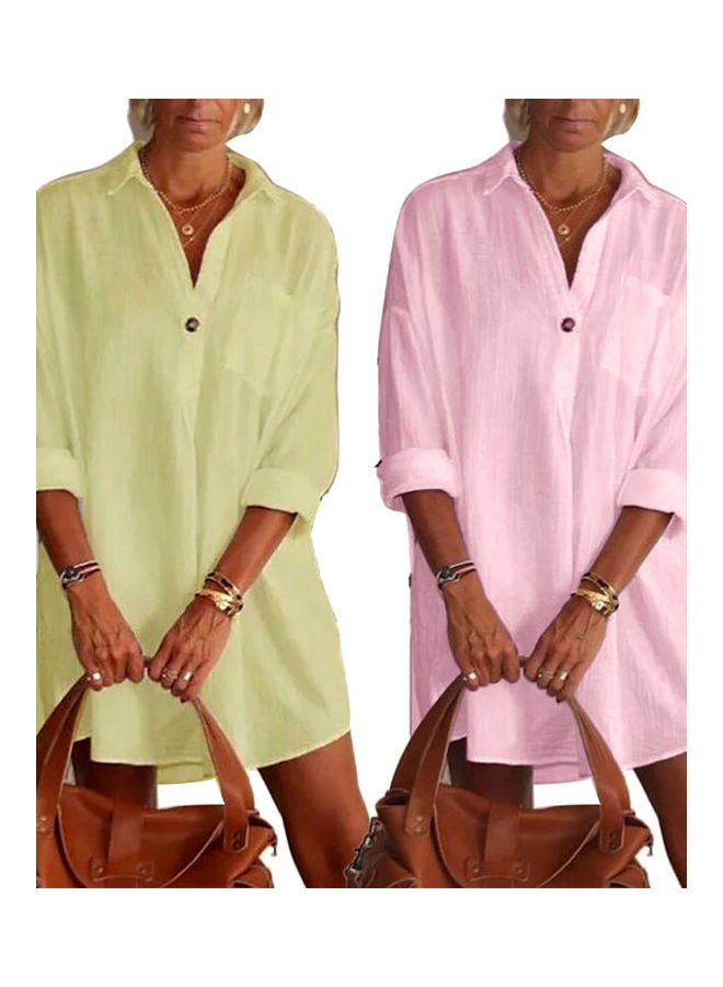 V-Neck Pocket Button Loose Long Shirt Grey - Image 4
