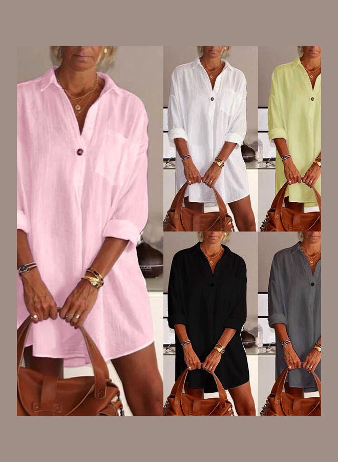 V-Neck Pocket Button Loose Long Shirt Grey - Image 5