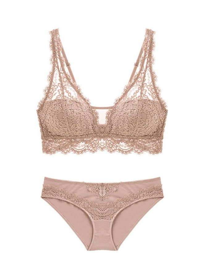 2 Piece Solid Colour Lace Bra And Brief Set Pink