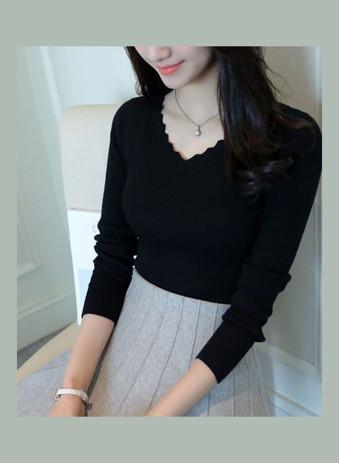 V-Neck Slim Knitted Top Black