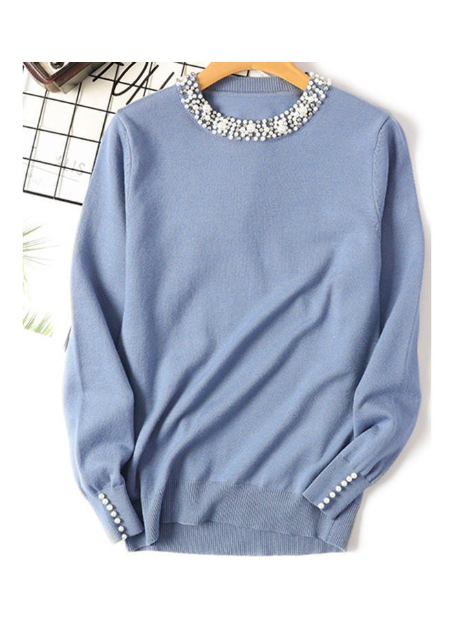 Round-Neck Knitted Pullover Sweater Blue