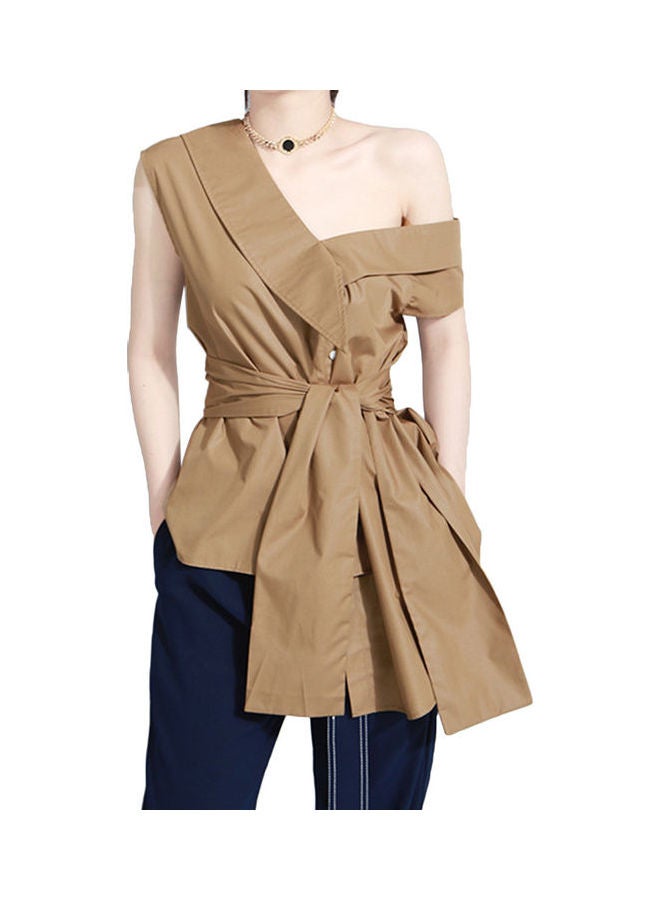 One Shoulder Bowknot Irregular Hem Blouse Brown  - Image 1