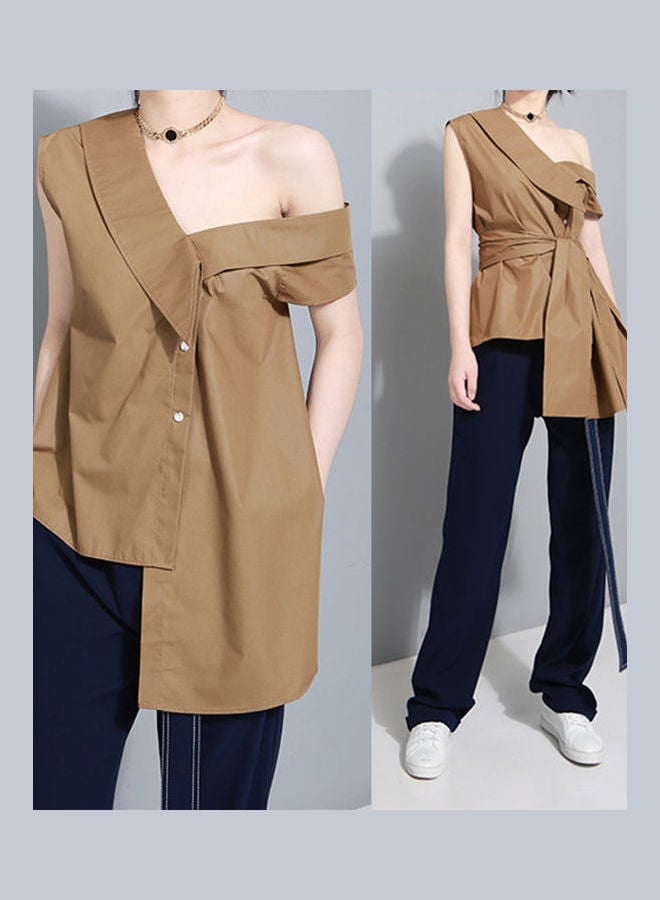 One Shoulder Bowknot Irregular Hem Blouse Brown  - Image 2
