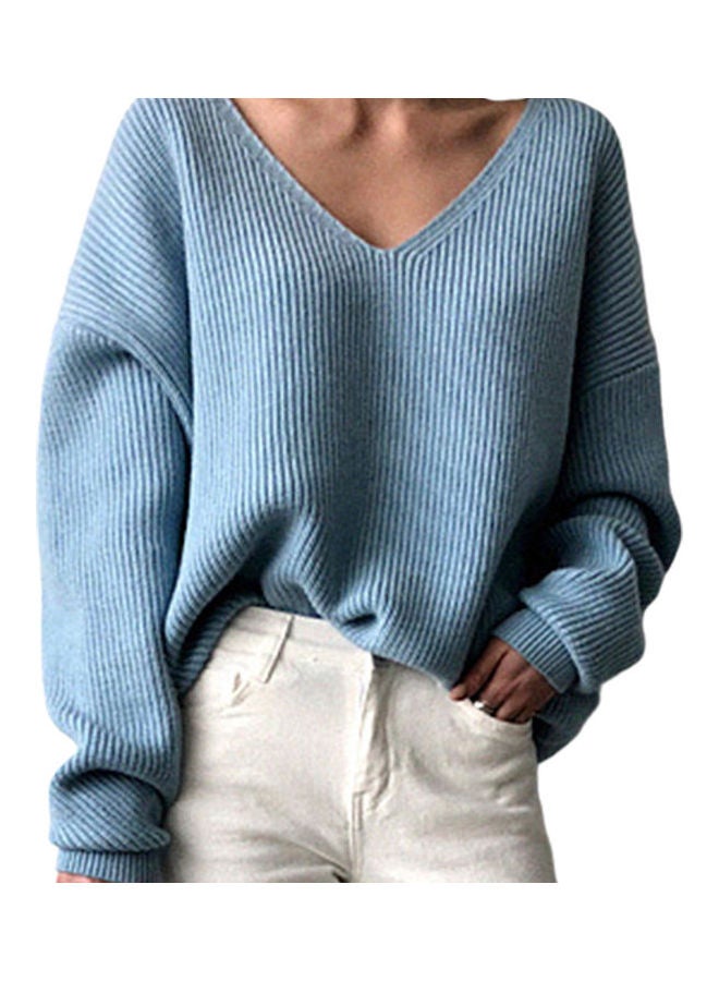 V-Neck Irregular Hem Loose Ribbed Knitted Sweater Blue