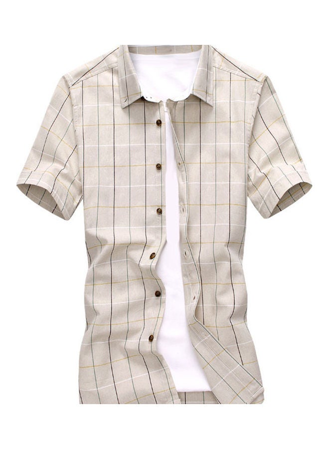 Plaid Pattern Short Sleeves Shirt Light Brown