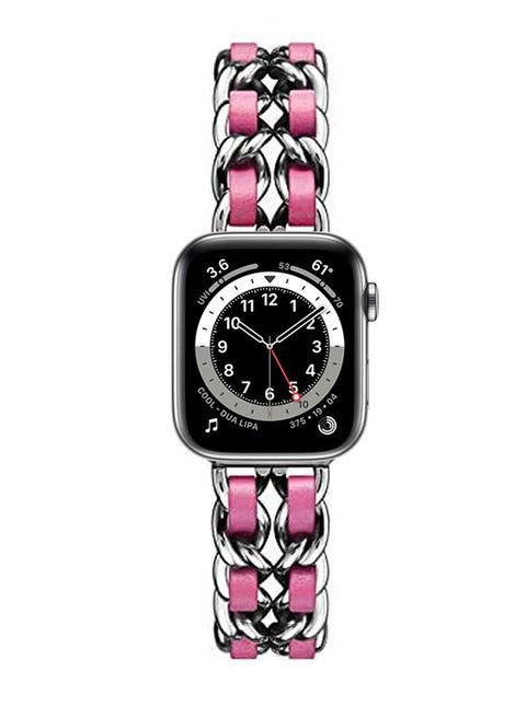 Chain Leather Replacement Band For Apple Watch Series 6/SE/5/4/3/2/1 Silver Red