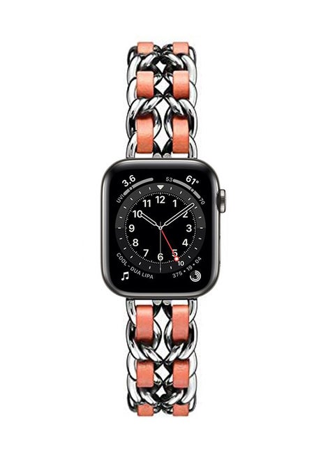 Chain Leather Replacement Band For Apple Watch Series 6/SE/5/4/3/2/1 Silver Orange