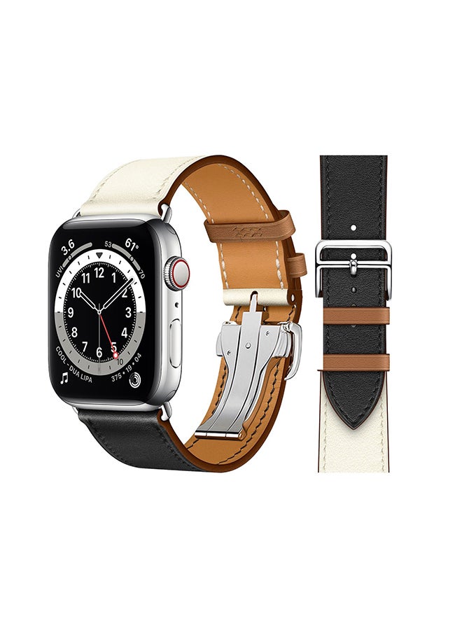 Perfii - Genuine Leather Replacement Band For Apple Watch Series 6/SE/5/4/3/2/1 Noir Black White - Image 1