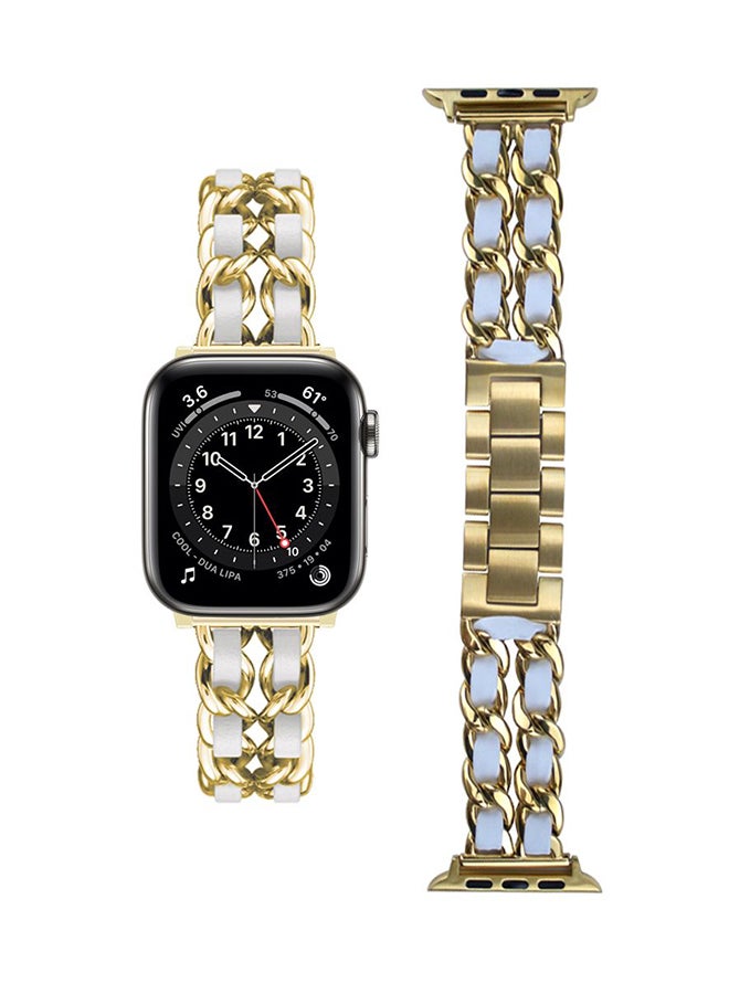 Perfii - Chain Leather Replacement Band For Apple Watch Series 6/SE/5/4/3/2/1 Gold White - Image 1