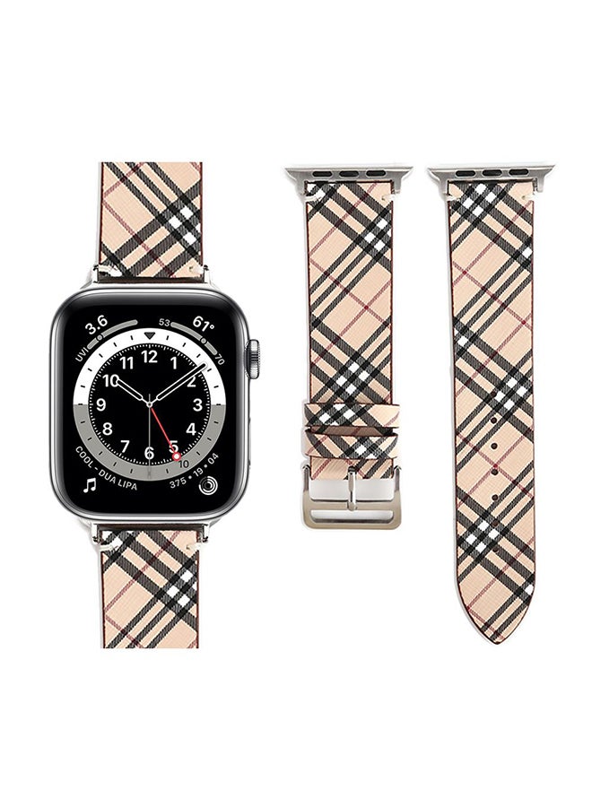 Perfii - Check Leather Replacement Band For Apple Watch Series 6/SE/5/4/3/2/1 Khaki - Image 1