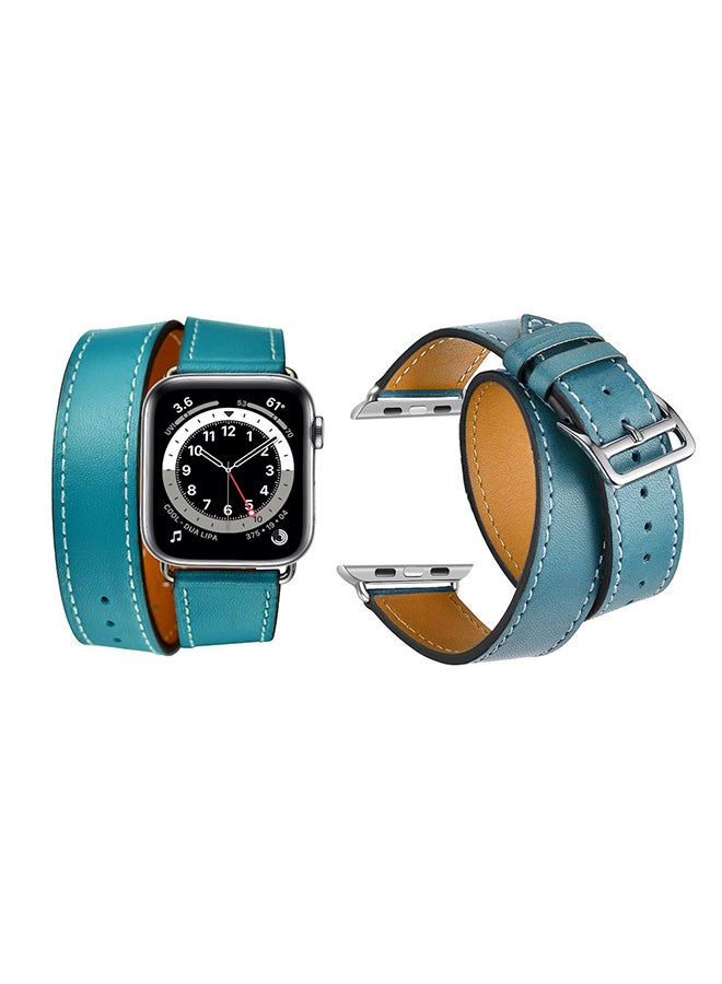 Perfii - Double Tour Leather Replacement Band For Apple Watch Series 6/SE/5/4/3/2/1 Blue - Image 1