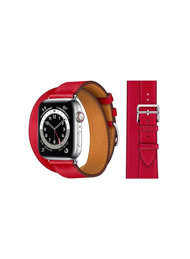 Perfii - Double Tour Leather Replacement Band For Apple Watch Series 6/SE/5/4/3/2/1 Red - Image 1