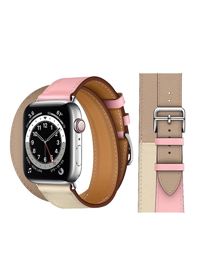 Perfii - Double Tour Leather Replacement Band For Apple Watch Series 6/SE/5/4/3/2/1 Rose Sakura - Image 1