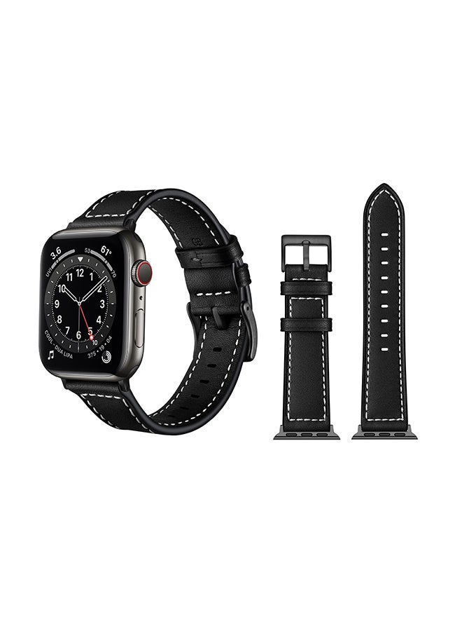 Perfii - Leather Replacement Band For Apple Watch Series 6/SE/5/4/3/2/1 Black - Image 1
