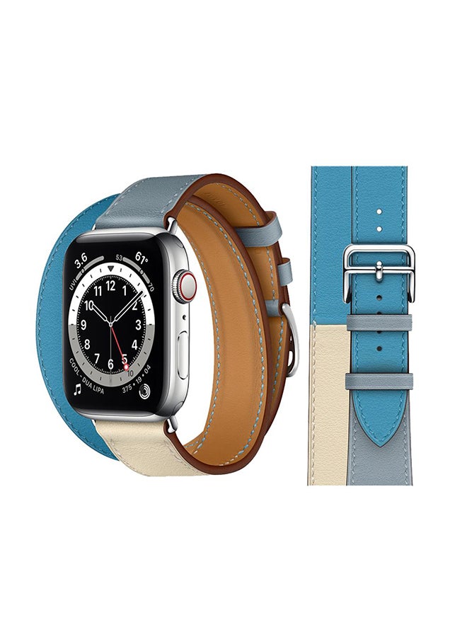Perfii - Double Tour Leather Replacement Band For Apple Watch Series 6/SE/5/4/3/2/1 Blue Lin - Image 1