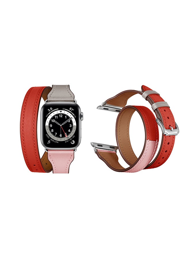 Perfii - Double Tour Leather Replacement Band For Apple Watch Series 6/SE/5/4/3/2/1 Pink Red - Image 1