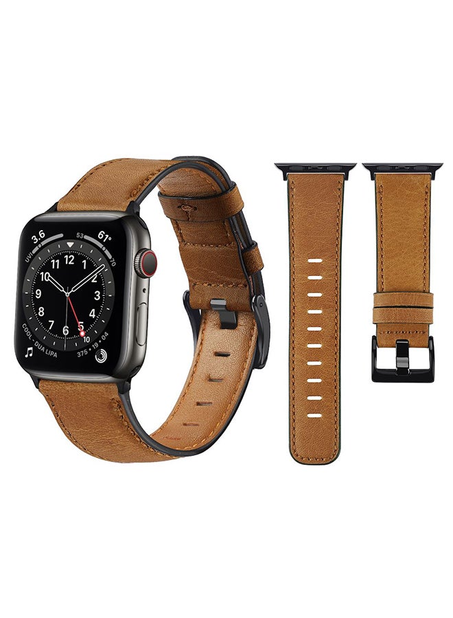 Perfii - Retro Leather Replacement Band For Apple Watch Series 6/SE/5/4/3/2/1 Yellowish Brown - Image 1