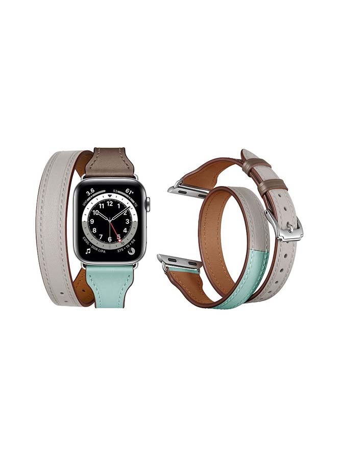 Perfii - Double Tour Leather Replacement Band For Apple Watch Series 6/SE/5/4/3/2/1 Green Grey - Image 1
