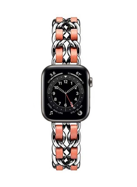 Chain Leather Replacement Band For Apple Watch Series 6/SE/5/4/3/2/1 Silver Orange