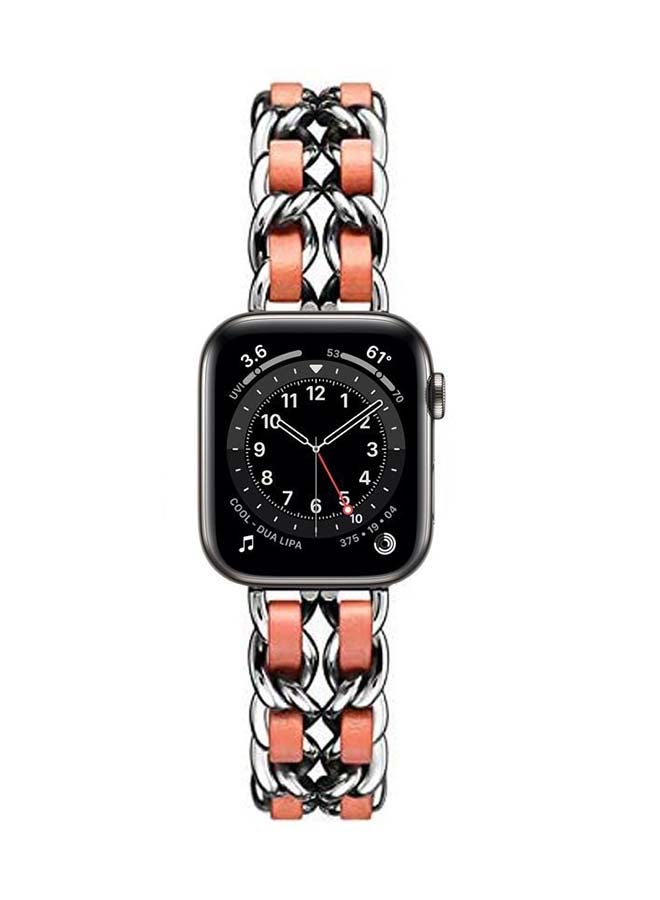 Perfii - Chain Leather Replacement Band For Apple Watch Series 6/SE/5/4/3/2/1 Silver Orange - Image 1