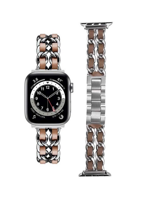Chain Leather Replacement Band For Apple Watch Series 6/SE/5/4/3/2/1 Silver Brown