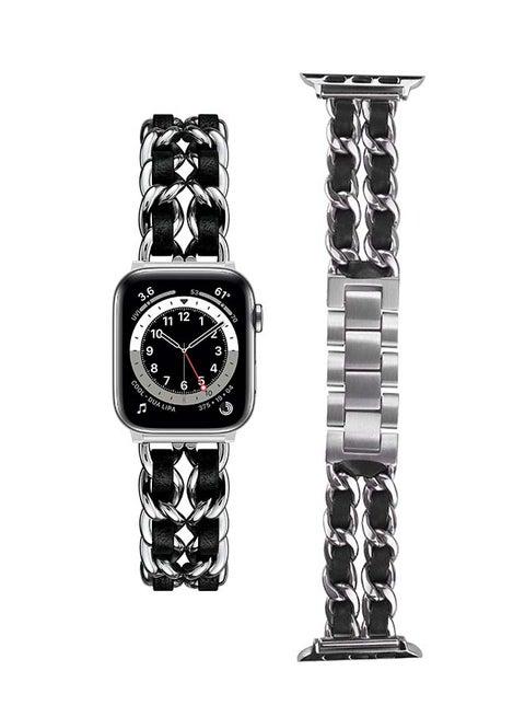 Chain Leather Replacement Band For Apple Watch Series 6/SE/5/4/3/2/1 Silver Black