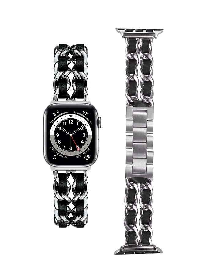 Perfii - Chain Leather Replacement Band For Apple Watch Series 6/SE/5/4/3/2/1 Silver Black - Image 1