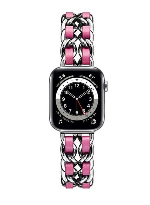 Chain Leather Replacement Band For Apple Watch Series 6/SE/5/4/3/2/1 Silver Red