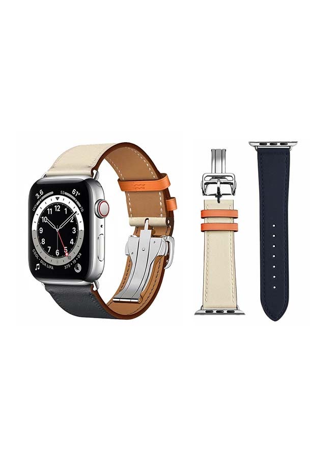 Perfii - Genuine Leather Replacement Band For Apple Watch Series 6/SE/5/4/3/2/1 Indigo Blue White - Image 1