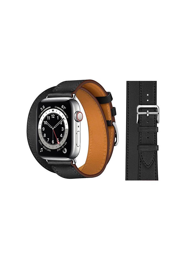 Perfii - Double Tour Leather Replacement Band For Apple Watch Series 6/SE/5/4/3/2/1 Black - Image 1