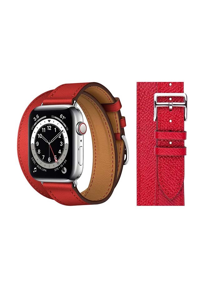 Perfii - Double Tour Leather Replacement Band For Apple Watch Series 6/SE/5/4/3/2/1 Camellia Red - Image 1