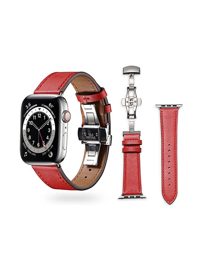 Perfii Genuine Leather Replacement Band For Apple Watch Series 6/SE/5/4/3/2/1 Red