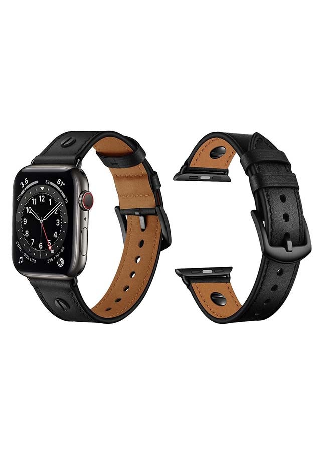 Perfii One Rivet Leather Replacement Band For Apple Watch Series 6/SE/5/4/3/2/1 Black Silver