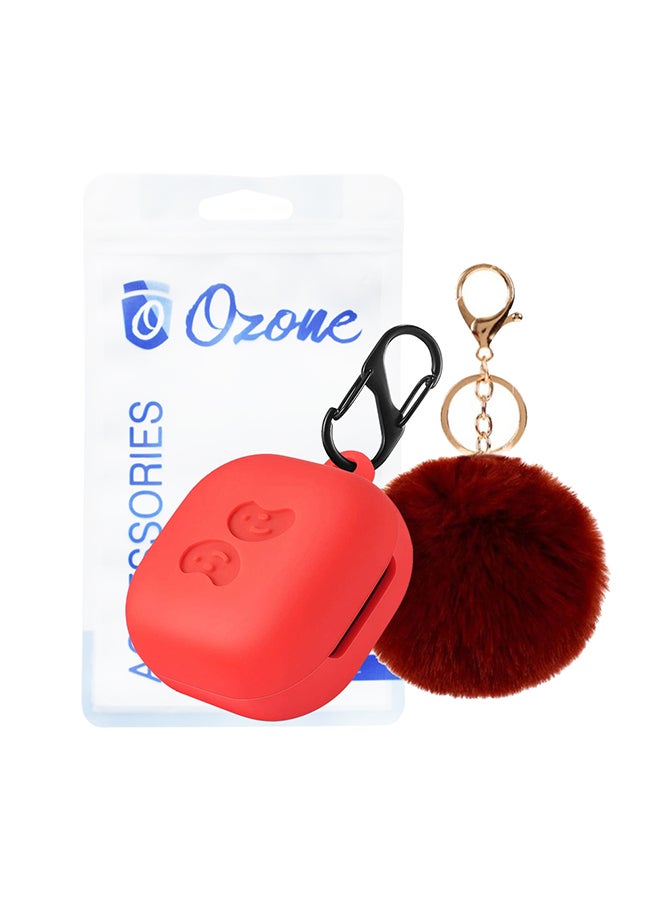 O Ozone Silicone Case Compatible For Galaxy Buds Pro/Buds Live Cover Soft Flexible with Fur Keychain & Hook Red - Image 1