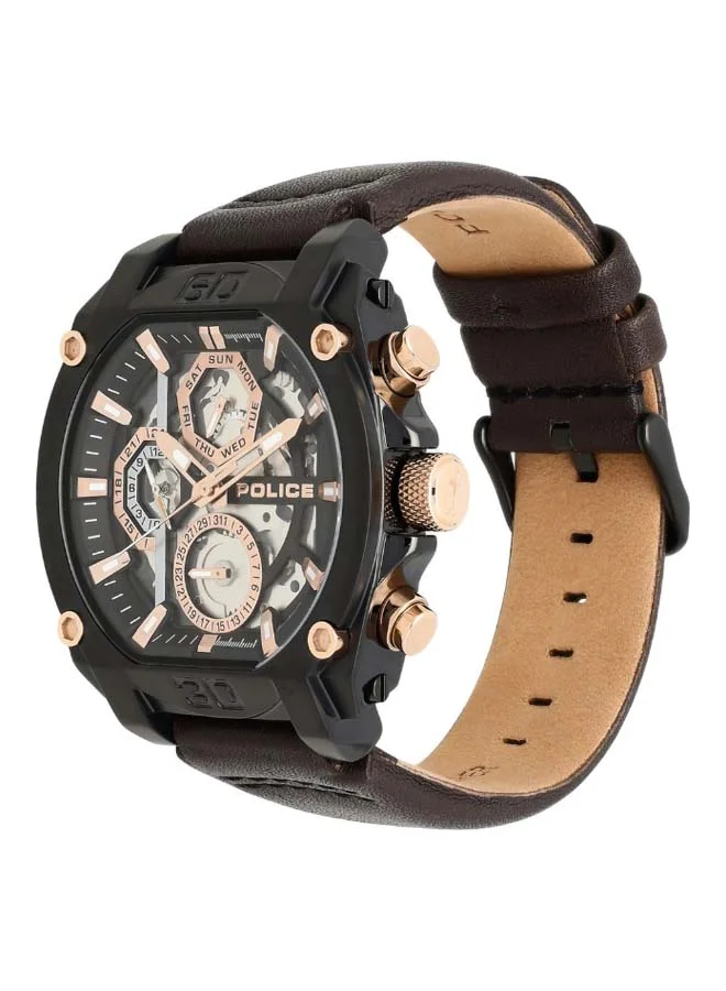 POLICE Norwood Round Shape Leather Band Analog Wrist Watch 48 mm - Brown - P 15472JSB-02