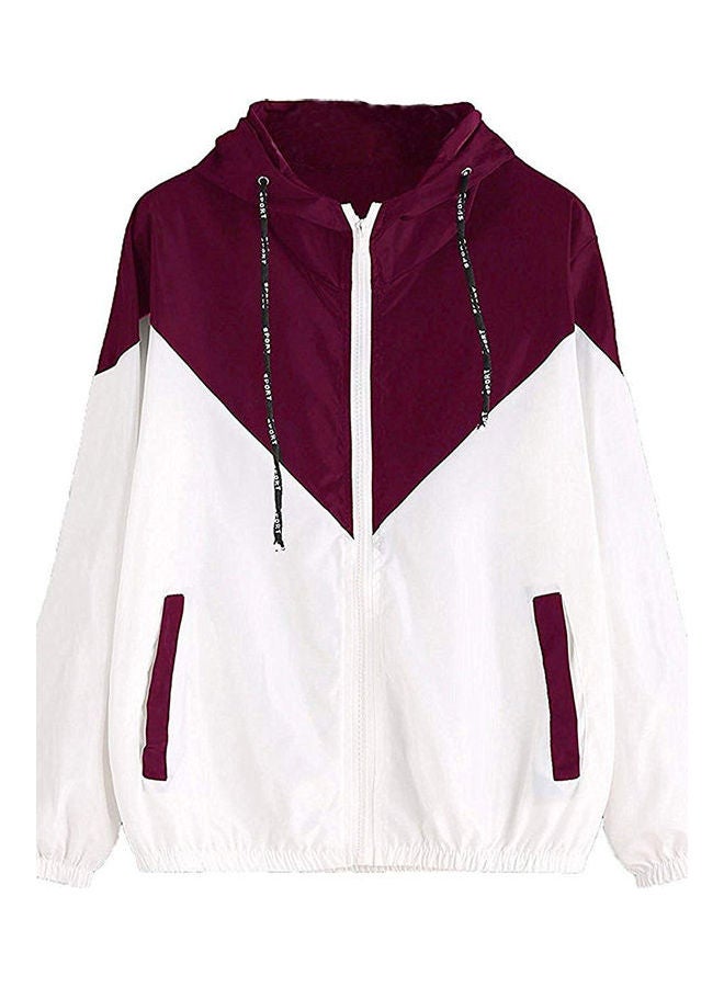 جاكيت بغطاء رأس وكتل ملونة أحمر برغندي