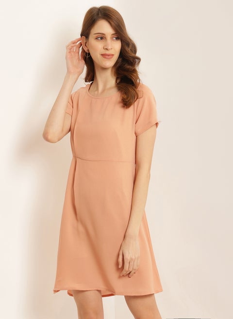 Solid Design Short Sleeves Mini Dress Rust