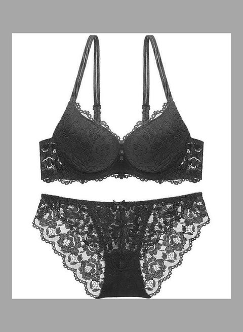 2-Piece Lace Design Push-Up Bra And Pantie Set Black