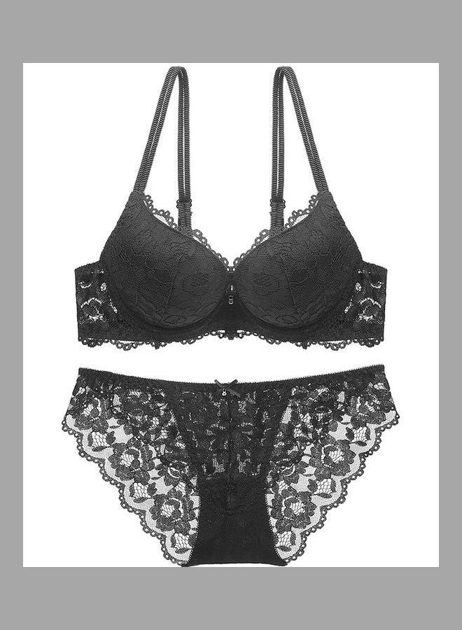 2-Piece Lace Design Push-Up Bra And Pantie Set Black