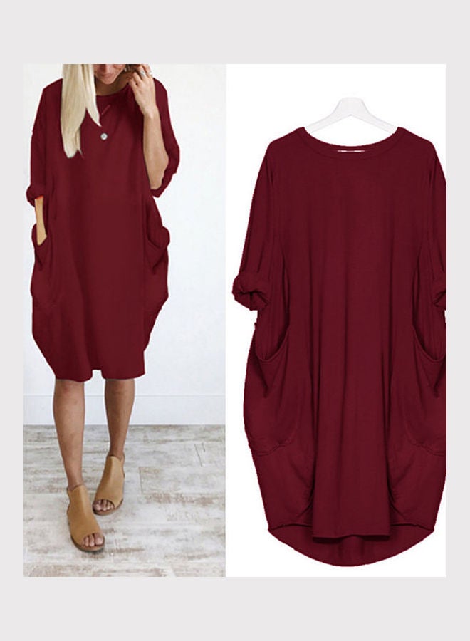 Generic Solid Loose Midi Dress Wine Red  - Image 2