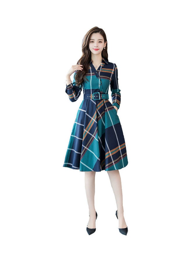 Plaid Printed Midi Dress Green/Blue - Image 1