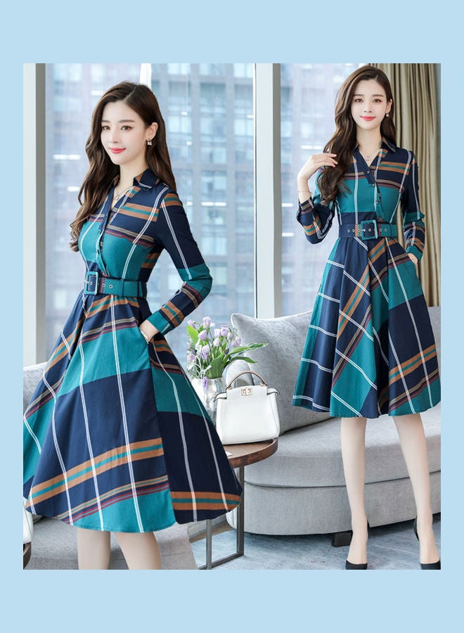 Plaid Printed Midi Dress Green/Blue - Image 2