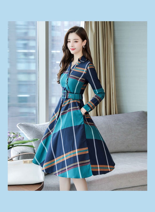 Plaid Printed Midi Dress Green/Blue - Image 3