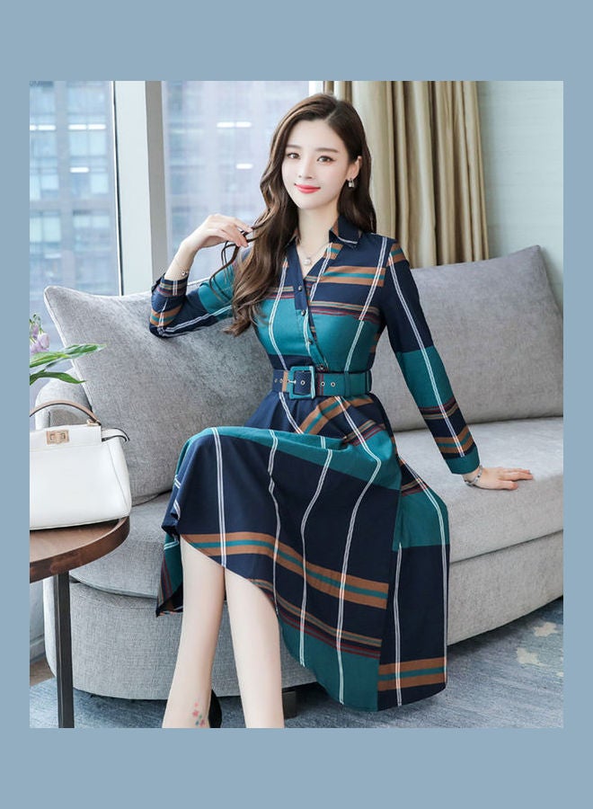 Plaid Printed Midi Dress Green/Blue - Image 4