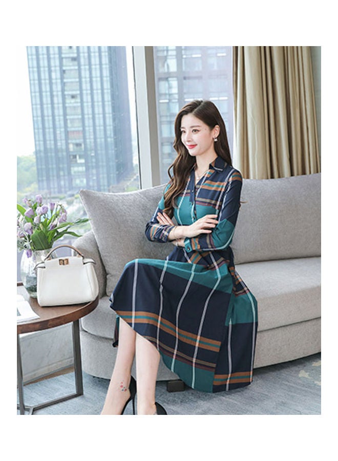 Plaid Printed Midi Dress Green/Blue - Image 5