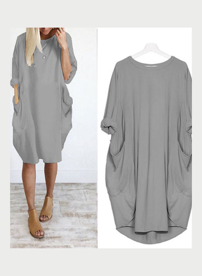 فستان سادة فضفاض متوسط الطول رمادي - Image 2